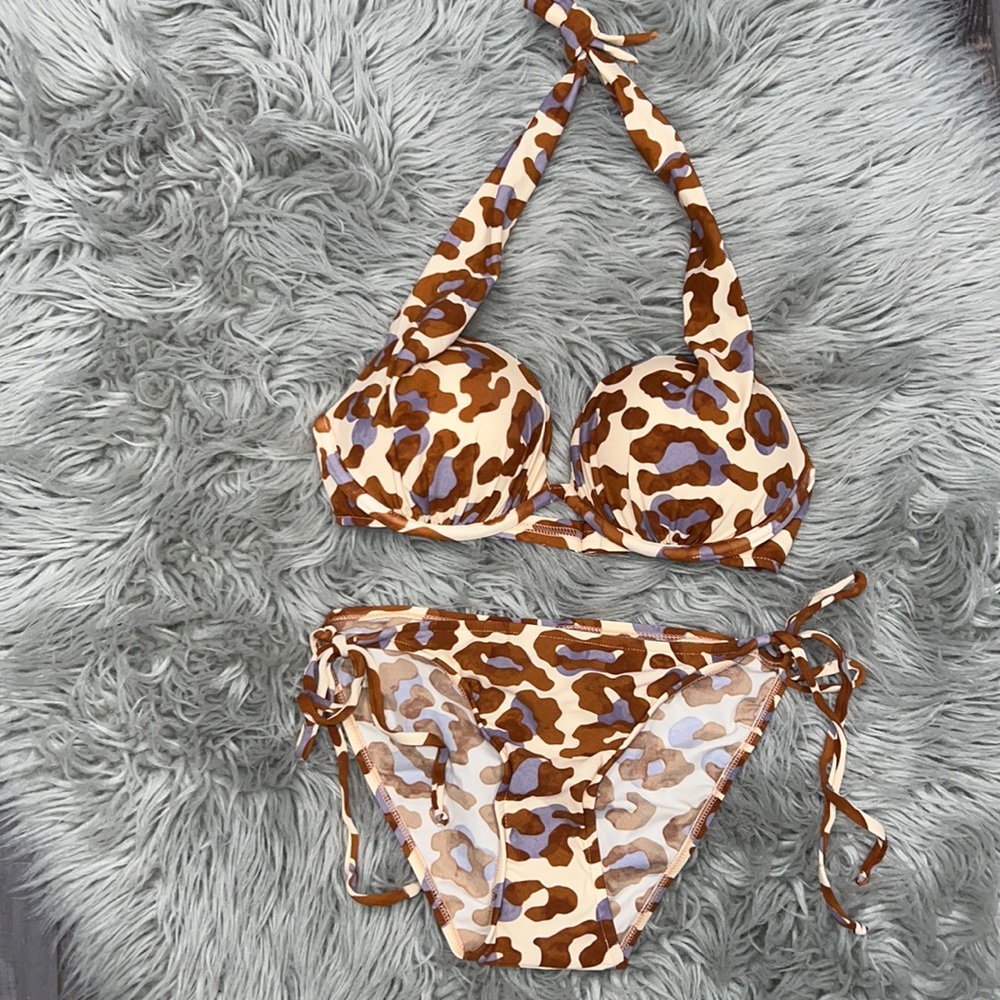 Venus Brown & Blue Leopard Print Push-Up Halter Top & Side Tie Bikini Bottoms